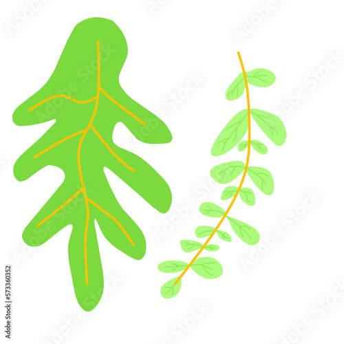 Flat design, cut green leaf with twigs, vector illustration.