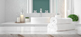 White bathroom interior. Empty marble table top for product display with blurred bathroom interior background. digital ai art