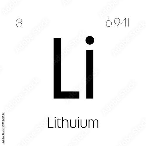 Lithium, Li, periodic table element with name, symbol, atomic number and weight. Alkali metal with various industrial uses, such as in batteries, ceramics, and as a medication for bipolar disorder.