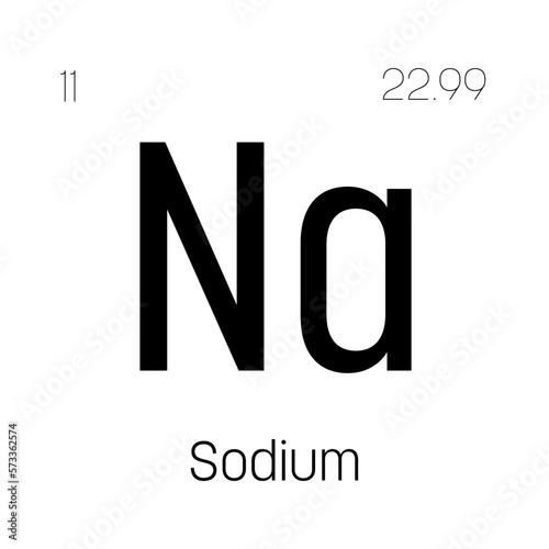 Sodium, Na, periodic table element with name, symbol, atomic number and weight. Alkali metal with various industrial uses, such as in soap, certain types of glass, and as a medication for certain