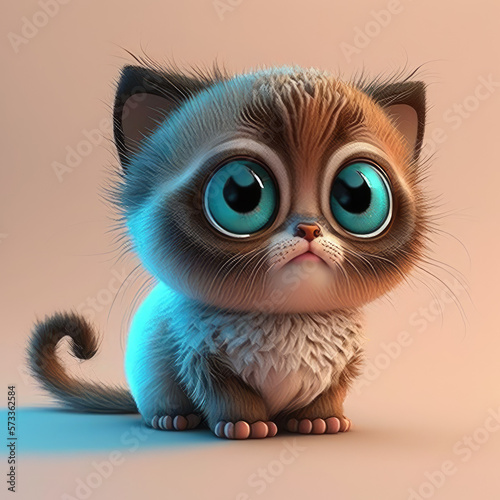 Cute cartoon fluffy kitten character. A little baby cat with big eyes. A Kitty kid isolated on flat background  3d render illustration. Generative AI art.