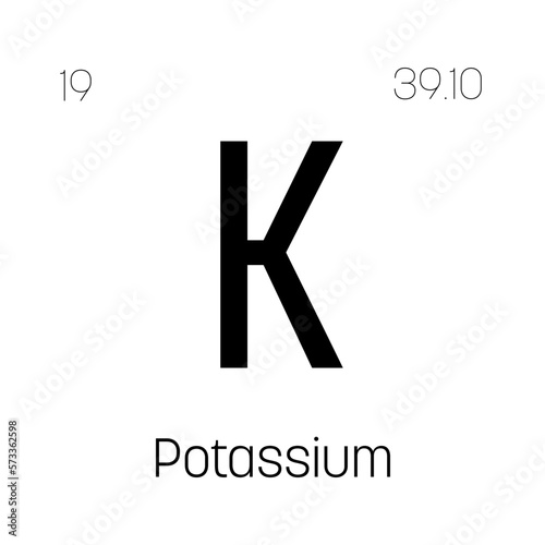 Potassium, K, periodic table element with name, symbol, atomic number and weight. Alkali metal with various industrial uses, such as in fertilizer, soap, and as a medication for certain medical