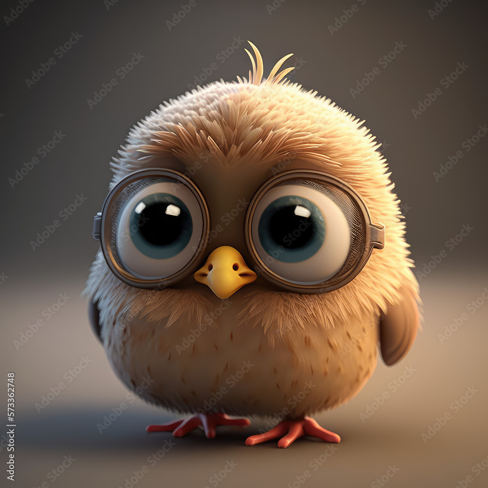Cute baby owl in glasses cartoon character. Realistic bird kid with big eyes, 3d render illustration. A Pretty bird isolated on flat background. Generative AI art.