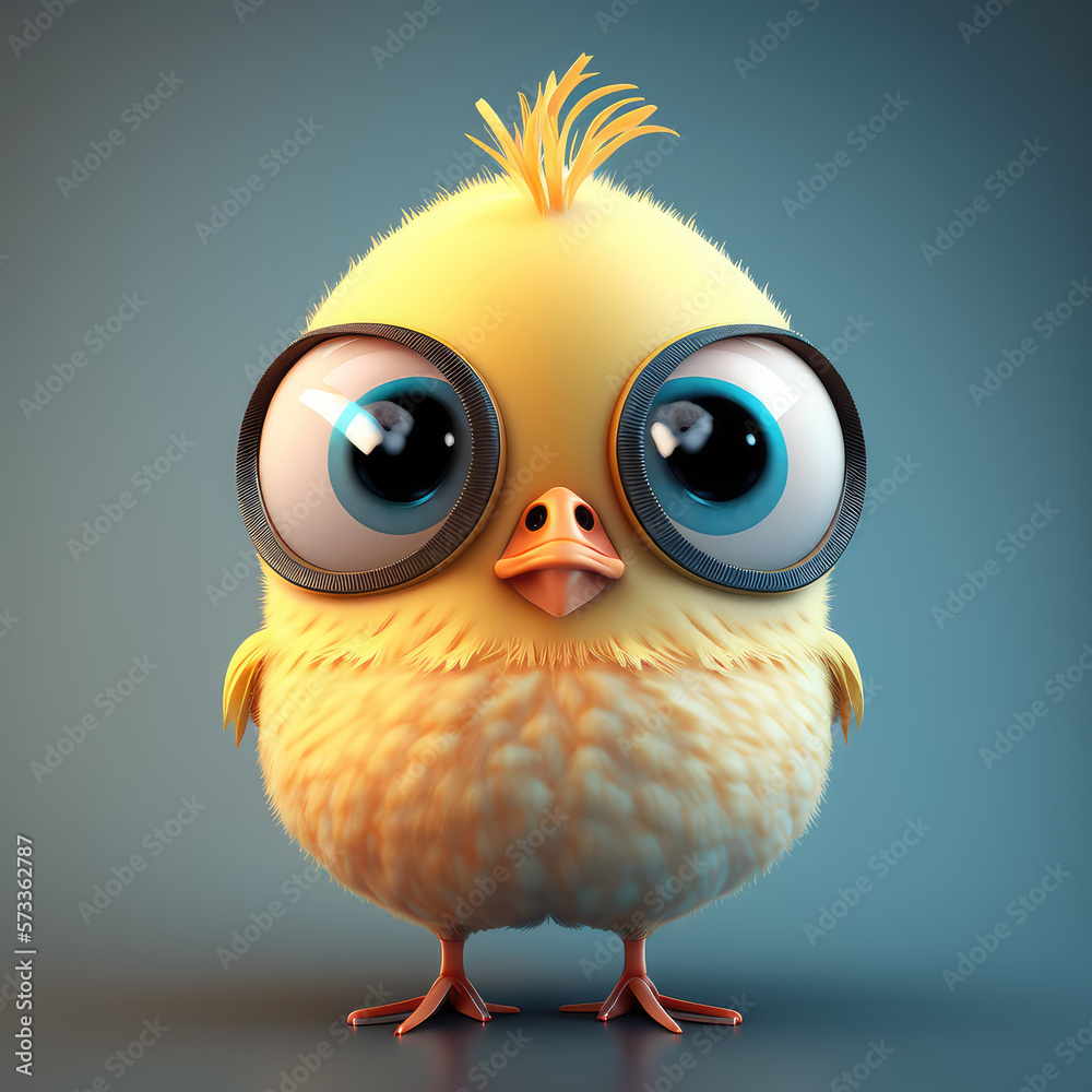 Cute bird in glasses cartoon character. Realistic chicken kid with big ...