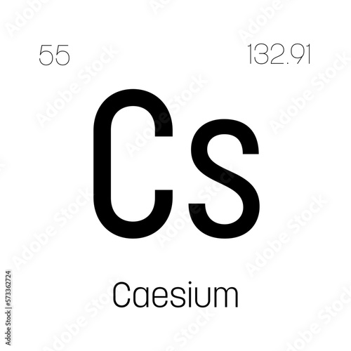 Caesium, Cs, periodic table element with name, symbol, atomic number and weight. Alkali metal with limited industrial uses, but commonly used in atomic clocks and as a source of gamma radiation for