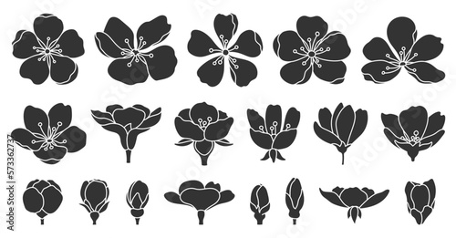 Sakura cherry flower blossom black silhouette set. Seasonal oriental decor stamp print glyph stencil plant blooming Chinese Japanese symbol hand draw element blooming spring summer botanical isolated