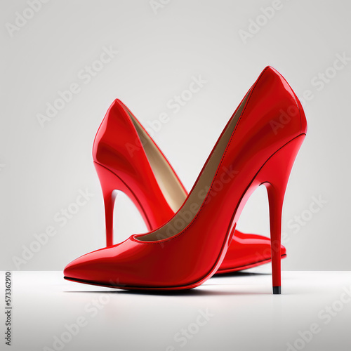 Close up of red high heels classic woman footwear. Red high heel women shoes isolated on white background. 3d render illustration. Generative AI art.
