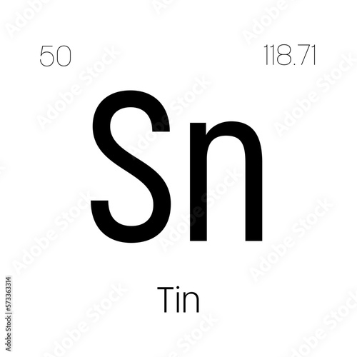 Tin, Sn, periodic table element with name, symbol, atomic number and weight. Post-transition metal with various industrial uses, such as in certain types of alloys, and as a component in certain types