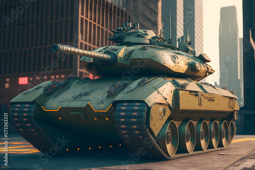 Modern futuristic battle tank with turret and cannon in city center. Neural network AI generated art photo