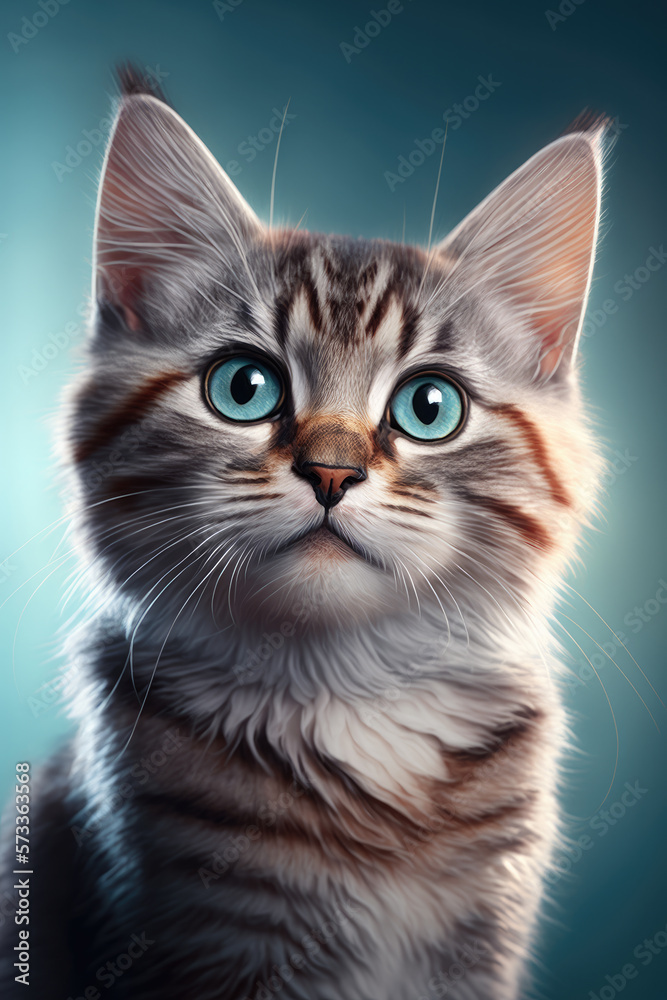 A cute cat looks at the camera. Plain blue background. Formatted for book cover use.