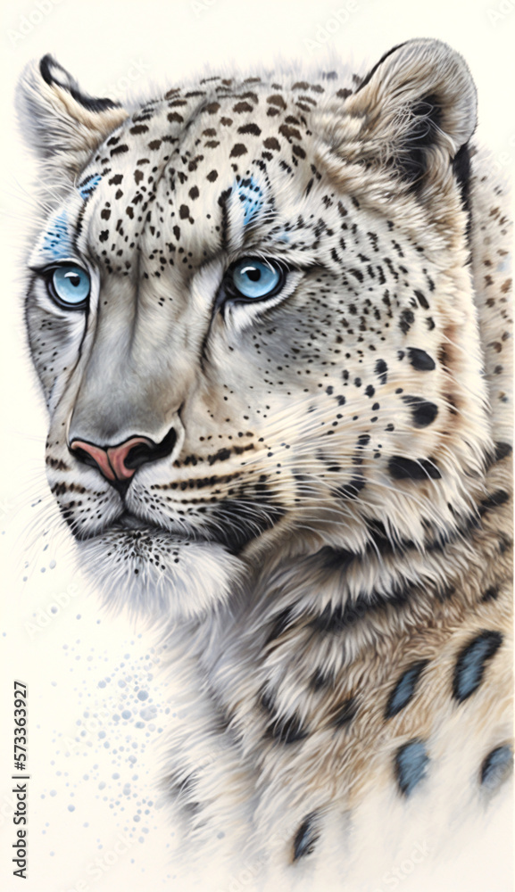 Stunning image captures the irbis in intricate detail, set against a white backdrop with beautiful watercolor splashes. Ideal for nature, and animal-themed projects. Created with generative AI