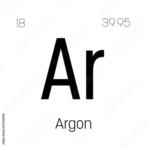 Argon, Ar, periodic table element with name, symbol, atomic number and weight. Inert gas commonly used in welding and as a protective atmosphere for certain industrial processes.