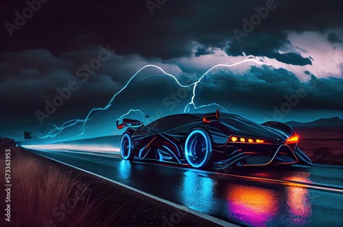 Super Car On The Road In The City In The Evening Generative AI photo