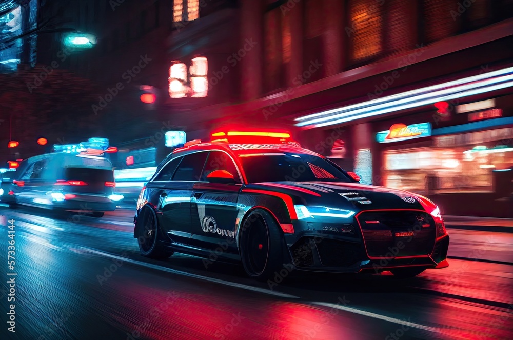 Police Car Chasing In The City In The Evening Generative AI
