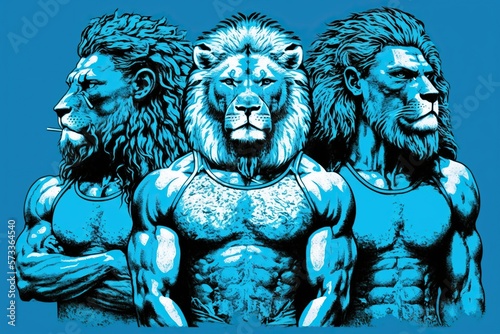 Lions in fitness wear blue background, concept of Athletic Pride and Teamwork, created with Generative AI technology photo