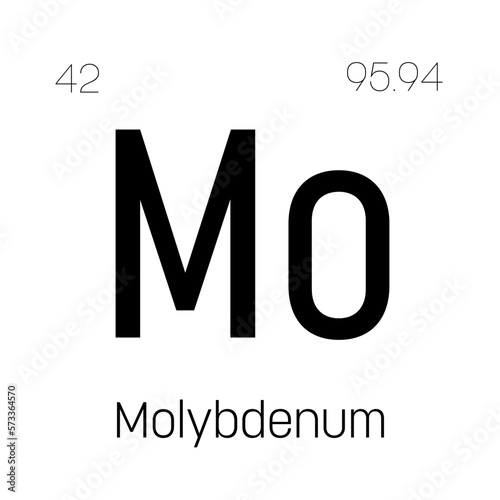 Molybdenum, Mo, periodic table element with name, symbol, atomic number and weight. Transition metal with various industrial uses, such as in steel production, lubricants, and as a catalyst in certain
