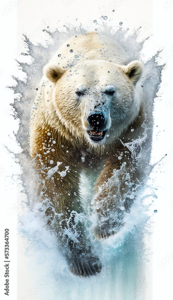Stunning image captures the polar bear in intricate detail, set against a white backdrop with beautiful watercolor splashes. Ideal for nature, and animal-themed projects. Created with generative AI
