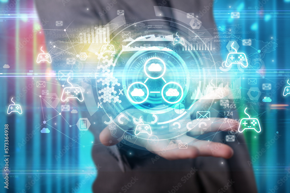 Businessman holding technology icon concept Businessman holding technology icon concept