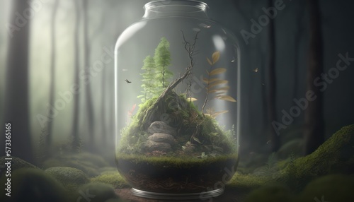Miniature Forest Ecosystem in a Jar: Trees, Bushes, Grass, and Moss. Generative AI