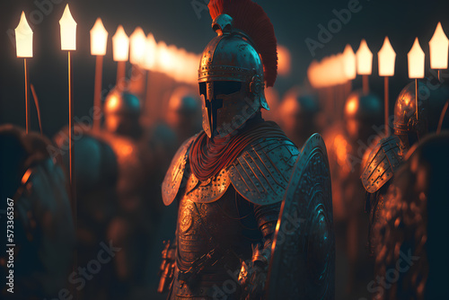 A Roman legion was a large military unit of the Roman army preparing for battle at night. Neural network AI generated art photo