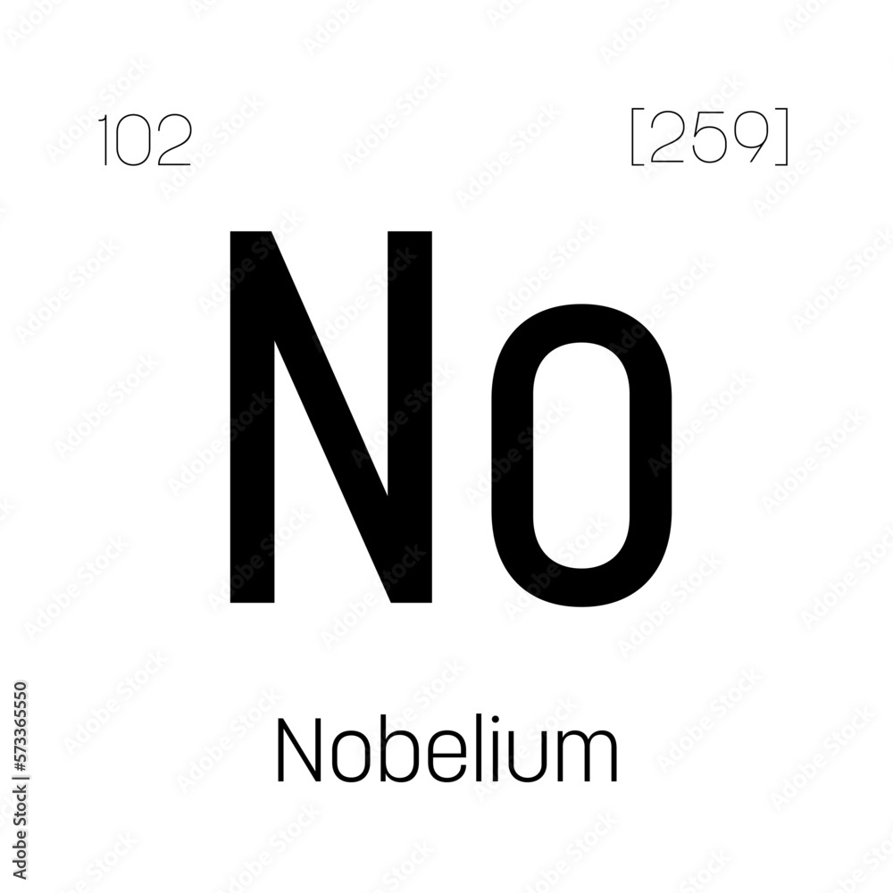 Nobelium, No, periodic table element with name, symbol, atomic number and weight. Synthetic radioactive element with potential uses in scientific research and nuclear power. Nobelium, No, periodic table element with name, symbol, atomic number and weight. Synthetic radioactive element with potential uses in scientific research and nuclear power.