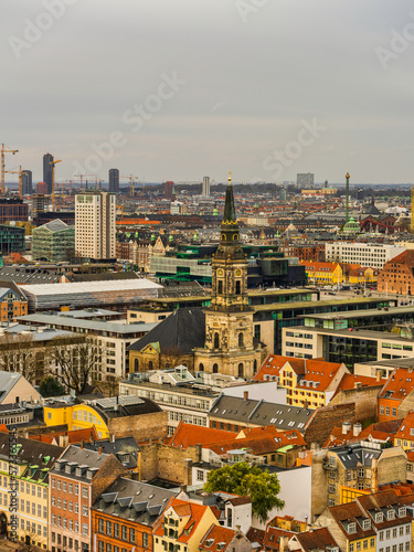Aerial shot of colorful buildings in the Copenhagen city centre, Denmark