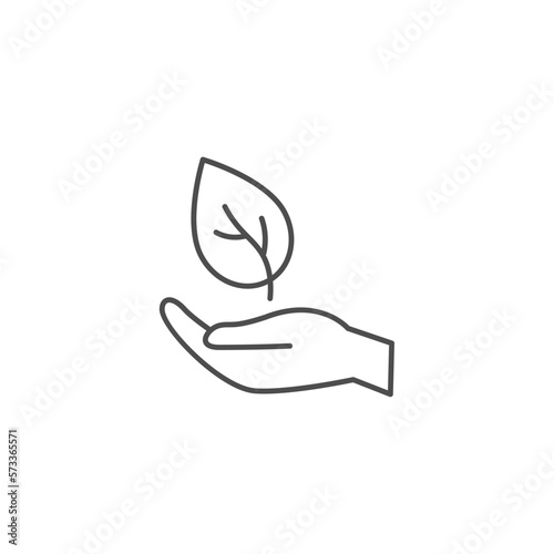 Hand hold plant leaf line icon. Hand linear leaf earth care growth nature icon