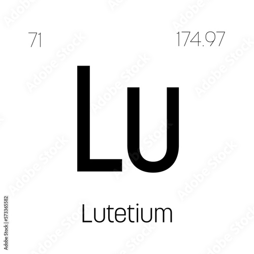 Lutetium, Lu, periodic table element with name, symbol, atomic number and weight. Rare earth metal with various industrial uses, such as in medical imaging, nuclear power, and as a catalyst in certain