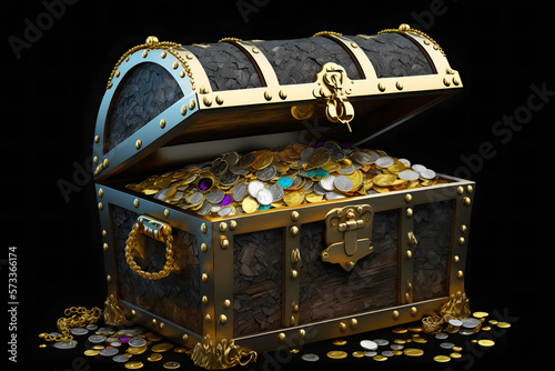 Open treasure chest filled with gold coins and expensive pirates loot on black background. Neural network AI generated art