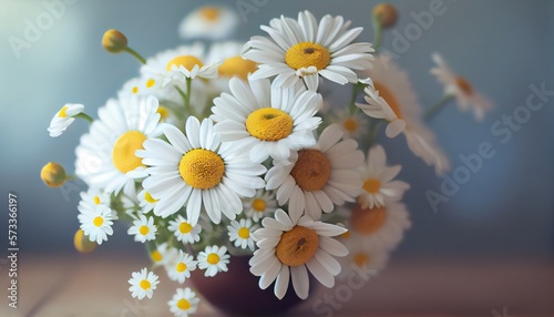 Chamomile Bouquet of flowers colorful blurred background with copy space for text. Valentine's Day and Mother's Day, Women's Day. Holiday mockup with gerber flowers. soft focus. generative ai