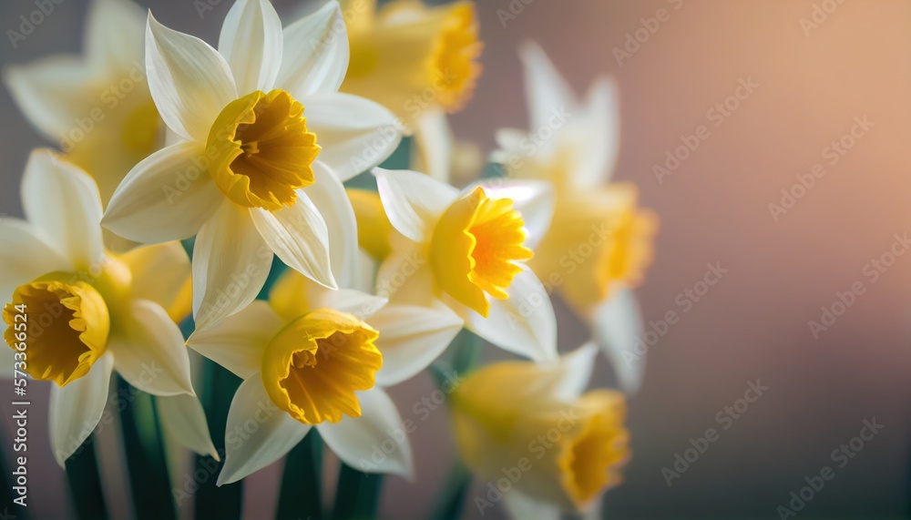 Narcissus Bouquet of flowers colorful blurred background with copy space for text. Valentine's Day and Mother's Day, Women's Day background. Holiday mockup gerber flowers. soft focus. generative ai Narcissus Bouquet of flowers colorful blurred background with copy space for text. Valentine's Day and Mother's Day, Women's Day background. Holiday mockup gerber flowers. soft focus. generative ai