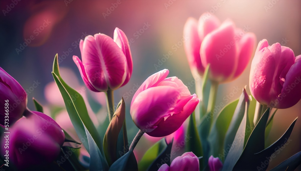 Fototapeta premium Pink tulips Bouquet of flowers colorful blurred background with copy space for text. Valentine's Day and Mother's Day, Women's Day. Holiday mockup with gerber flowers. soft focus. generative ai