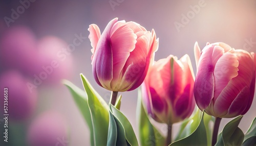 Pink tulips Bouquet of flowers colorful blurred background with copy space for text. Valentine's Day and Mother's Day, Women's Day. Holiday mockup with gerber flowers. soft focus. generative ai