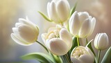 White tulips Bouquet of flowers colorful blurred background with copy space for text. Valentine's Day and Mother's Day, Women's Day. Holiday mockup with gerber flowers. soft focus. generative ai