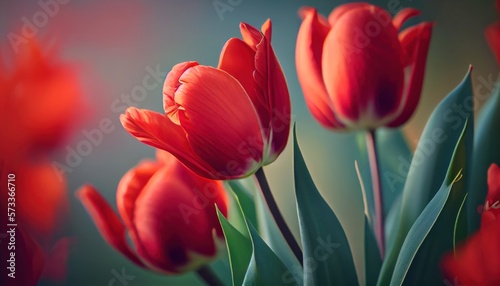 Red tulips Bouquet of flowers colorful blurred background with copy space for text. Valentine s Day and Mother s Day  Women s Day. Holiday mockup with gerber flowers. soft focus. generative ai