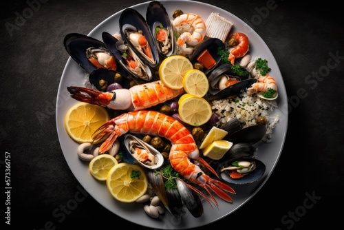 A plate of fresh seafood, including shrimp photo