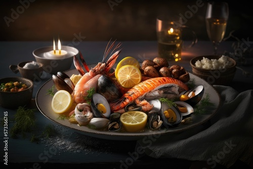 A plate of fresh seafood, including shrimp