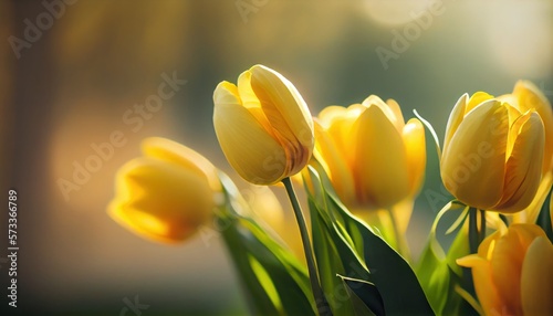 Yellow tulips Bouquet of flowers colorful blurred background with copy space for text. Valentine s Day and Mother s Day  Women s Day. Holiday mockup with gerber flowers. soft focus. generative ai