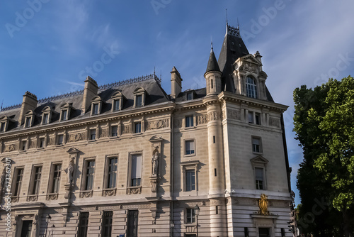 Architectural details of old buildings in Paris: The Criminal Court of Paris (Tribunal Correctionnel) located at the Palais de Justice at 14 Quai Goldsmiths. Paris. France. © dbrnjhrj
