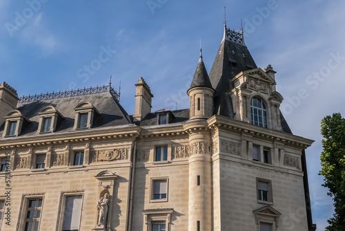 Architectural details of old buildings in Paris: The Criminal Court of Paris (Tribunal Correctionnel) located at the Palais de Justice at 14 Quai Goldsmiths. Paris. France.