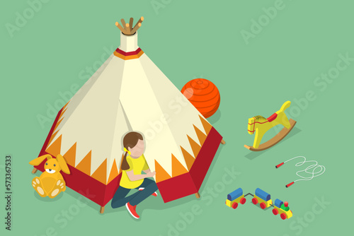 3D Isometric Flat Vector Conceptual Illustration of Kids Teepee Tent, Children Outdoors Activities