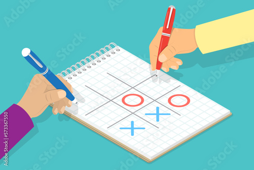 3D Isometric Flat Vector Conceptual Illustration of Tic-tac-toe Playing, Game to Play with Friends at Home