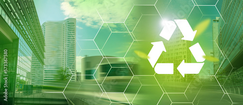 Urban landscape, city making future clean. Recycle sign, empty copy space for text. Recycle & environment concept.