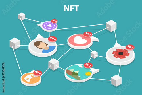 3D Isometric Flat Vector Conceptual Illustration of NFT Blockchain Technology, Non-Fungible Token