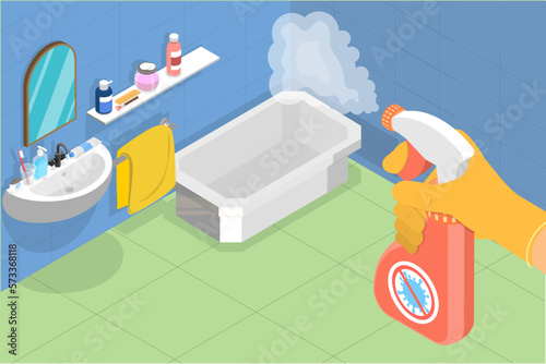 3D Isometric Flat Vector Conceptual Illustration of Bathroom Disinfectant, Cleaning with Spray Detergent