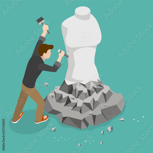 3D Isometric Flat Vector Conceptual Illustration of Sculptor, Artist Carver