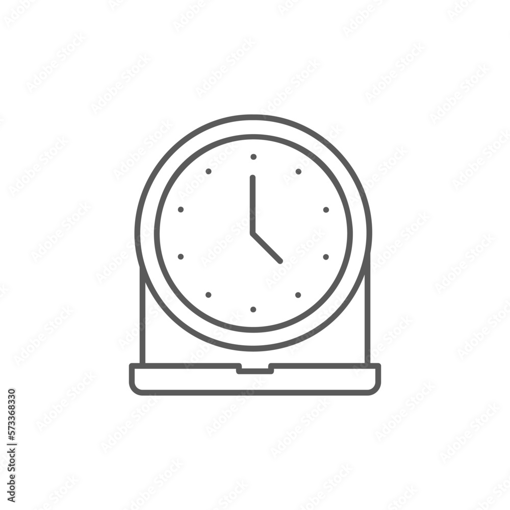 Clock with laptop, remote job, home office, work from home lineal icon. Time management symbol design. Clock with laptop, remote job, home office, work from home lineal icon. Time management symbol design.