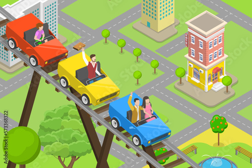 3D Isometric Flat Vector Conceptual Illustration of Rollercoaster Ride, Entertainment, Leisure andd Weekend Activity