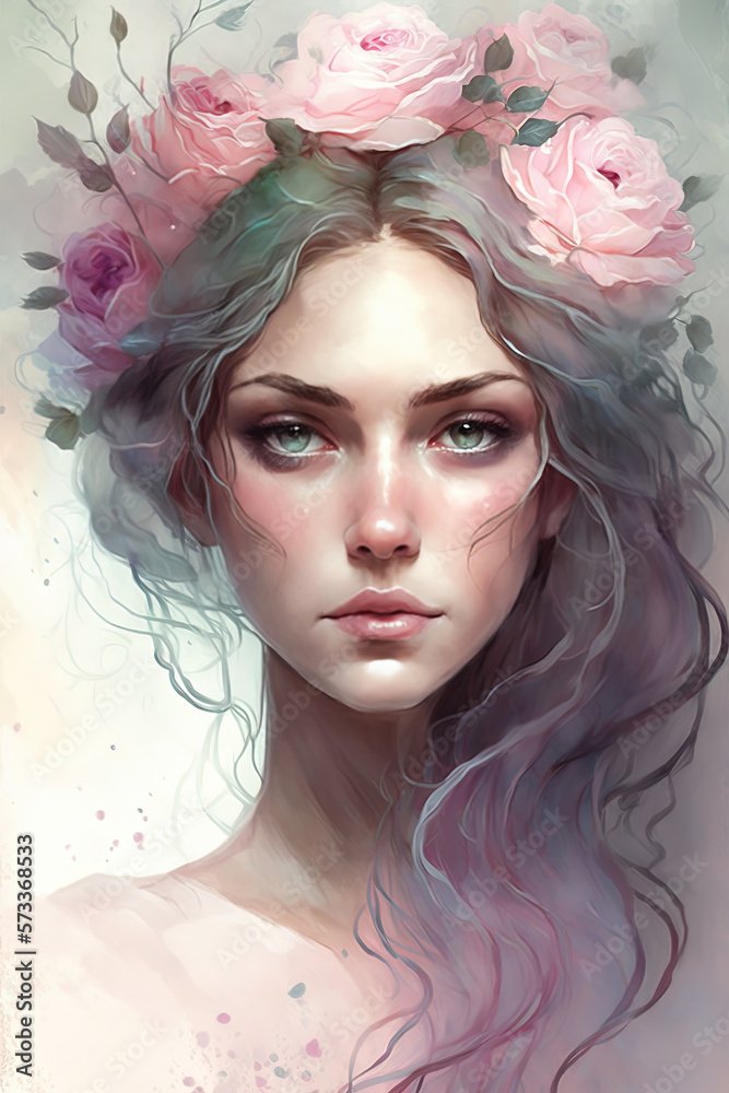 Portrait of a girl with flowers in her long hair. Watercolor ...