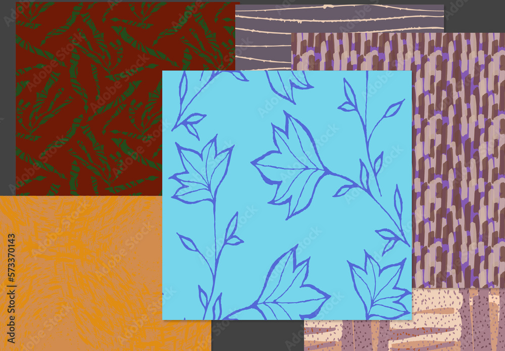 Seamless Pattern Set with Hand Drawn Floral Elements Stock Template ...